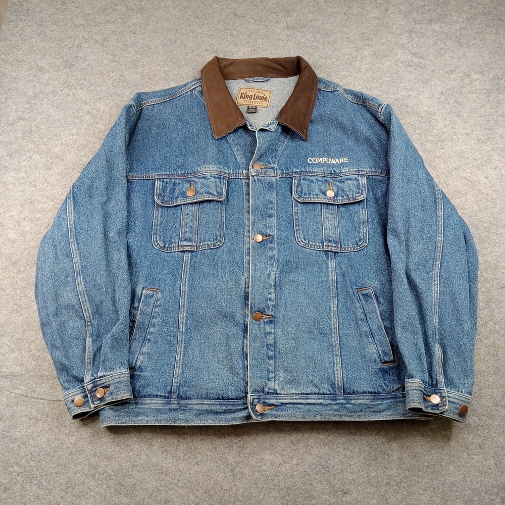 Vintage King Louie Jacket Mens‎ 2XL Blue Denim Jean Leather Chore Compuware 90s